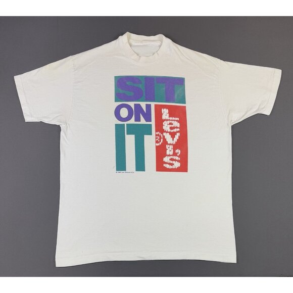 Vintage 1990 Levis Levi Strauss Denim Promo Sit On It White Shirt Rare XL Fit T - Picture 1 of 16